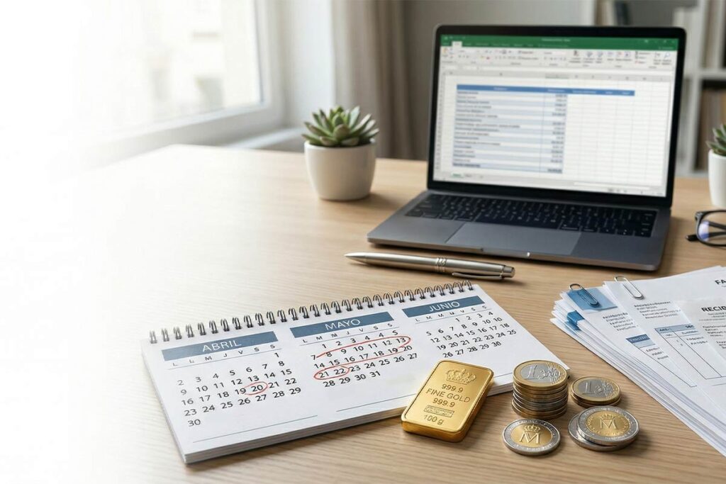 Declaración de la Renta y metales preciosos con calendario fiscal lingote de oro monedas y documentación ordenada