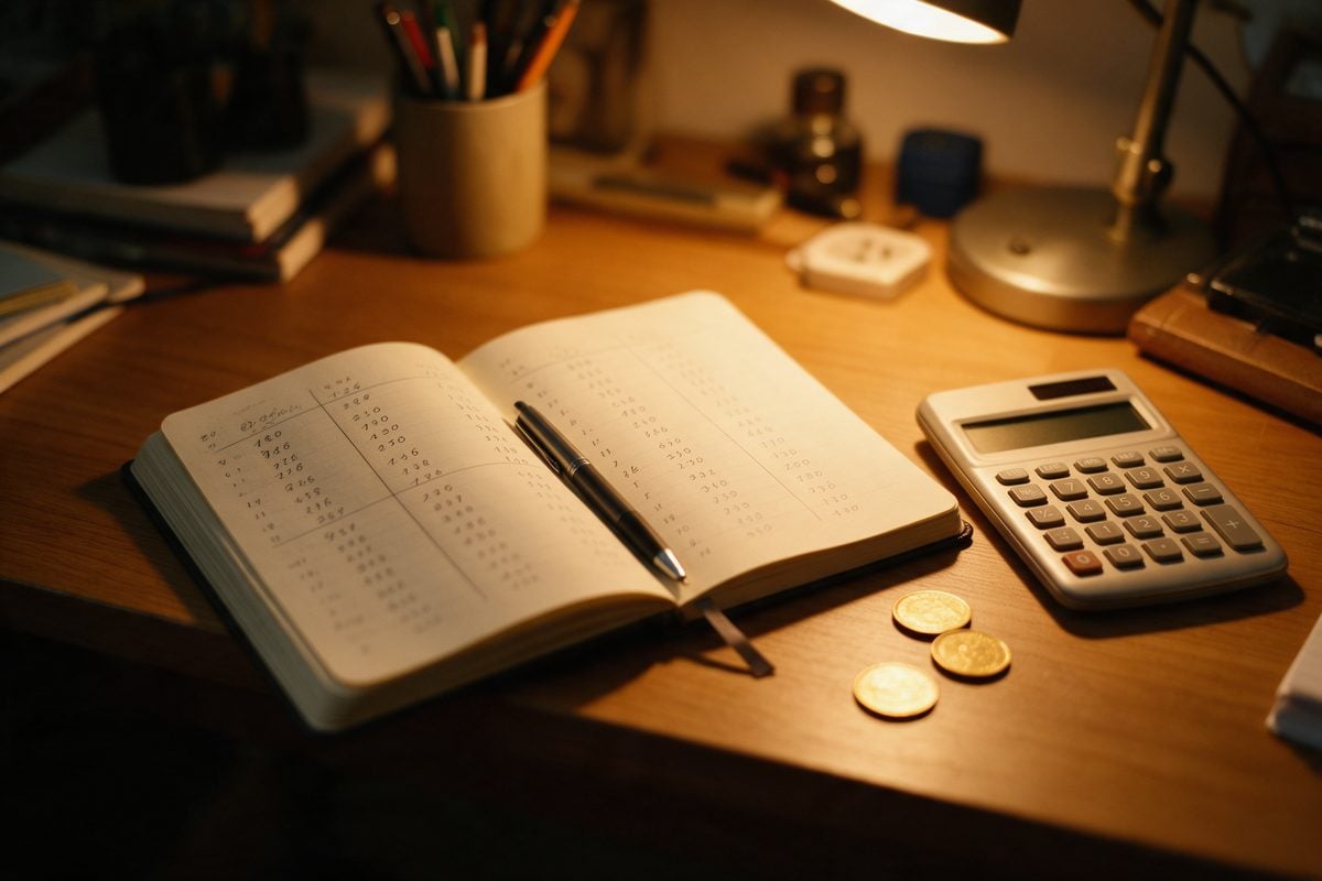 Cuaderno de cuentas y calculadora junto a monedas de oro: compensar perdidas y ganancias