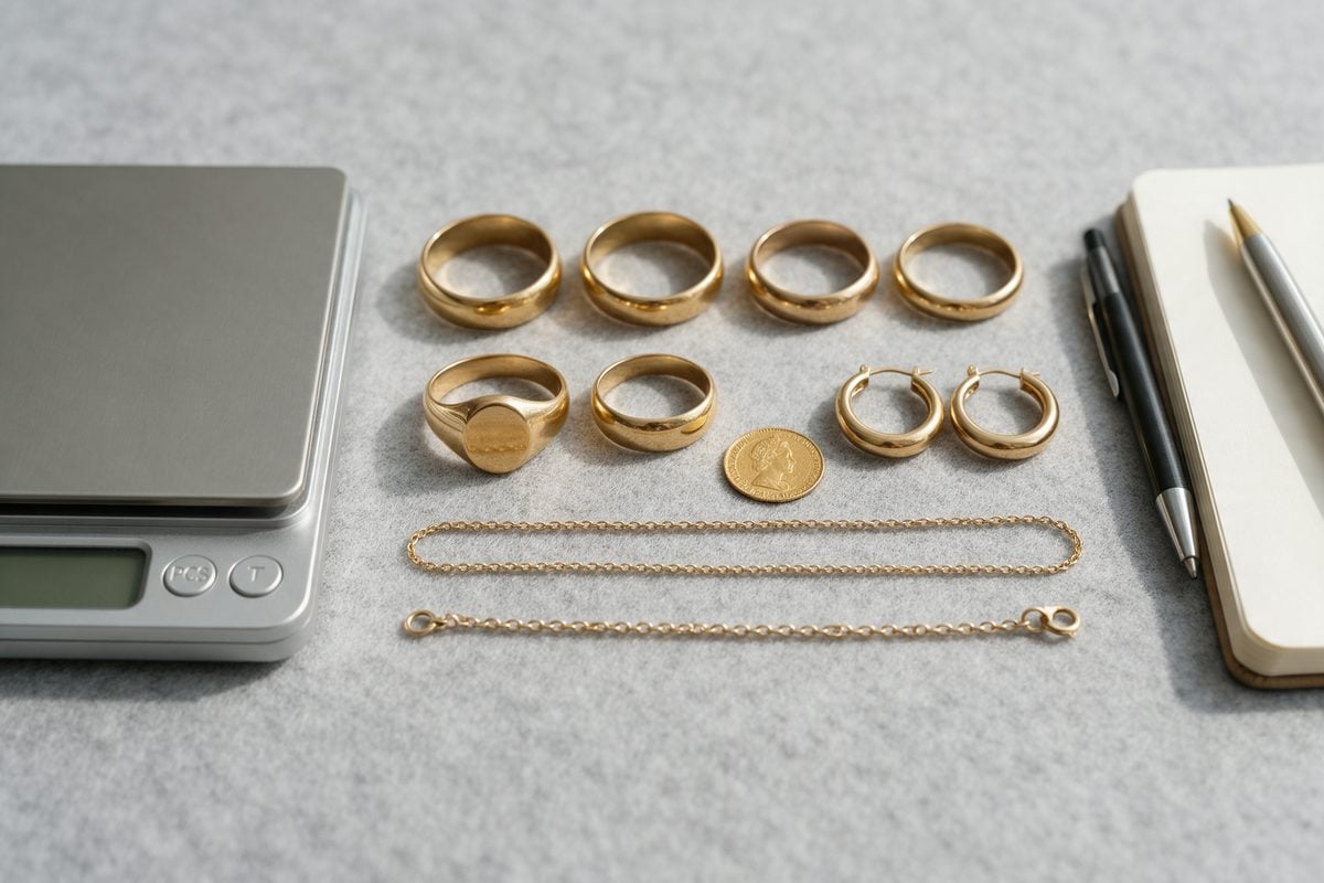 Inventario de joyas de oro heredadas ordenadas junto a una báscula de precisión