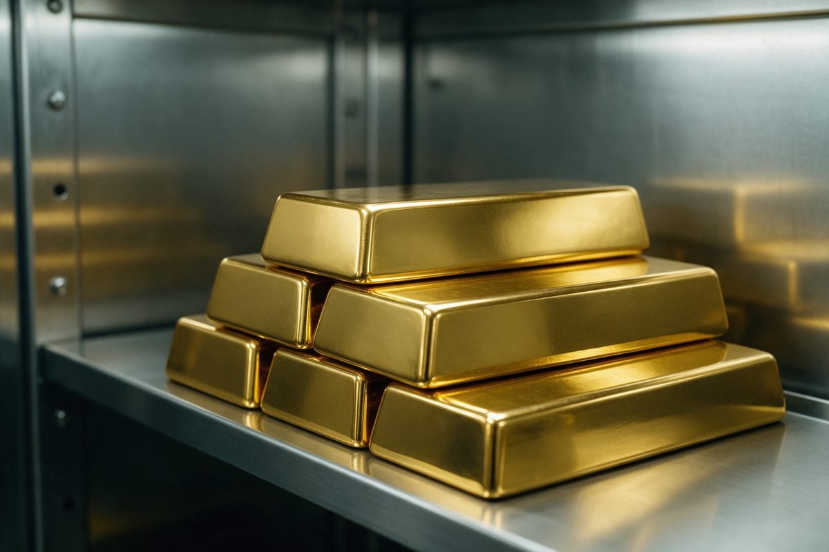 Lingotes de oro apilados en una camara acorazada, referencia del mercado mayorista