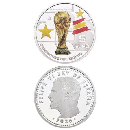 Moneda de plata 5 euro Campeones del Mundo FIFA 2026 FNMT, anverso y reverso