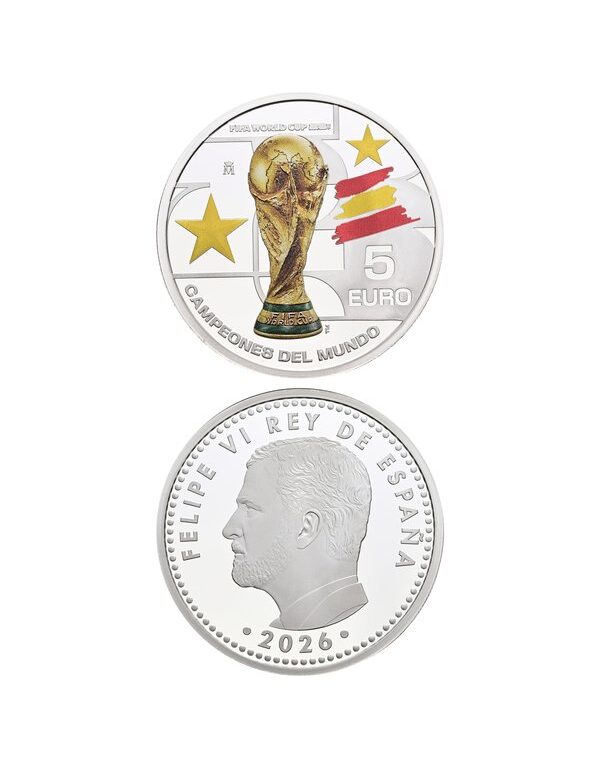 Moneda de plata 5 euro Campeones del Mundo FIFA 2026 FNMT, anverso y reverso