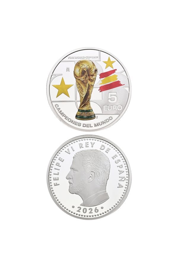Moneda de plata 5 euro Campeones del Mundo FIFA 2026 FNMT, anverso y reverso