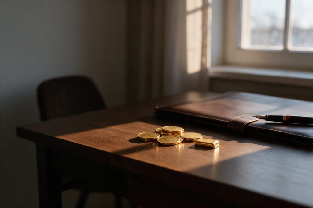 Monedas y lingote de oro sobre un escritorio con luz de invierno, cierre de ano