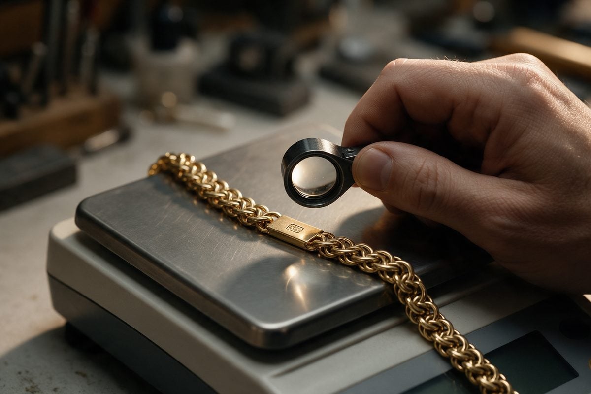Tasación de oro heredado: comprobación del punzón y del peso de una cadena de oro