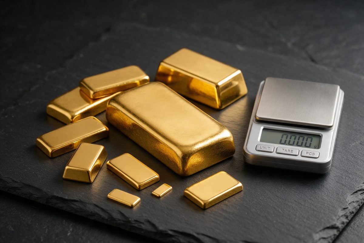 Lingotes de oro de distintos tamaños junto a una báscula de precisión