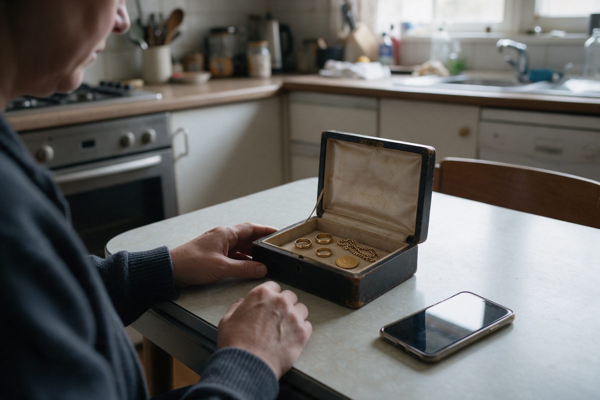 Persona en casa revisando un joyero con anillos, cadena y una moneda de oro