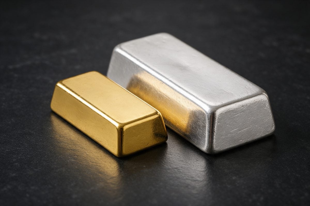 Lingote de oro junto a un lingote de plata más grande del mismo peso
