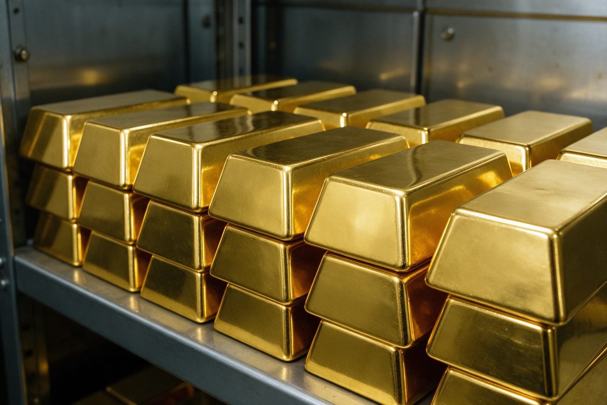 Lingotes de oro grandes de tipo Good Delivery apilados en una cámara acorazada