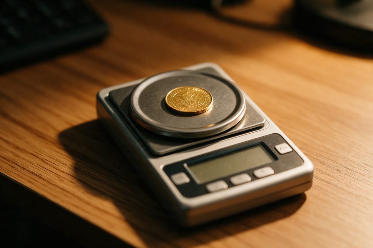 Moneda de oro sobre una báscula de precisión