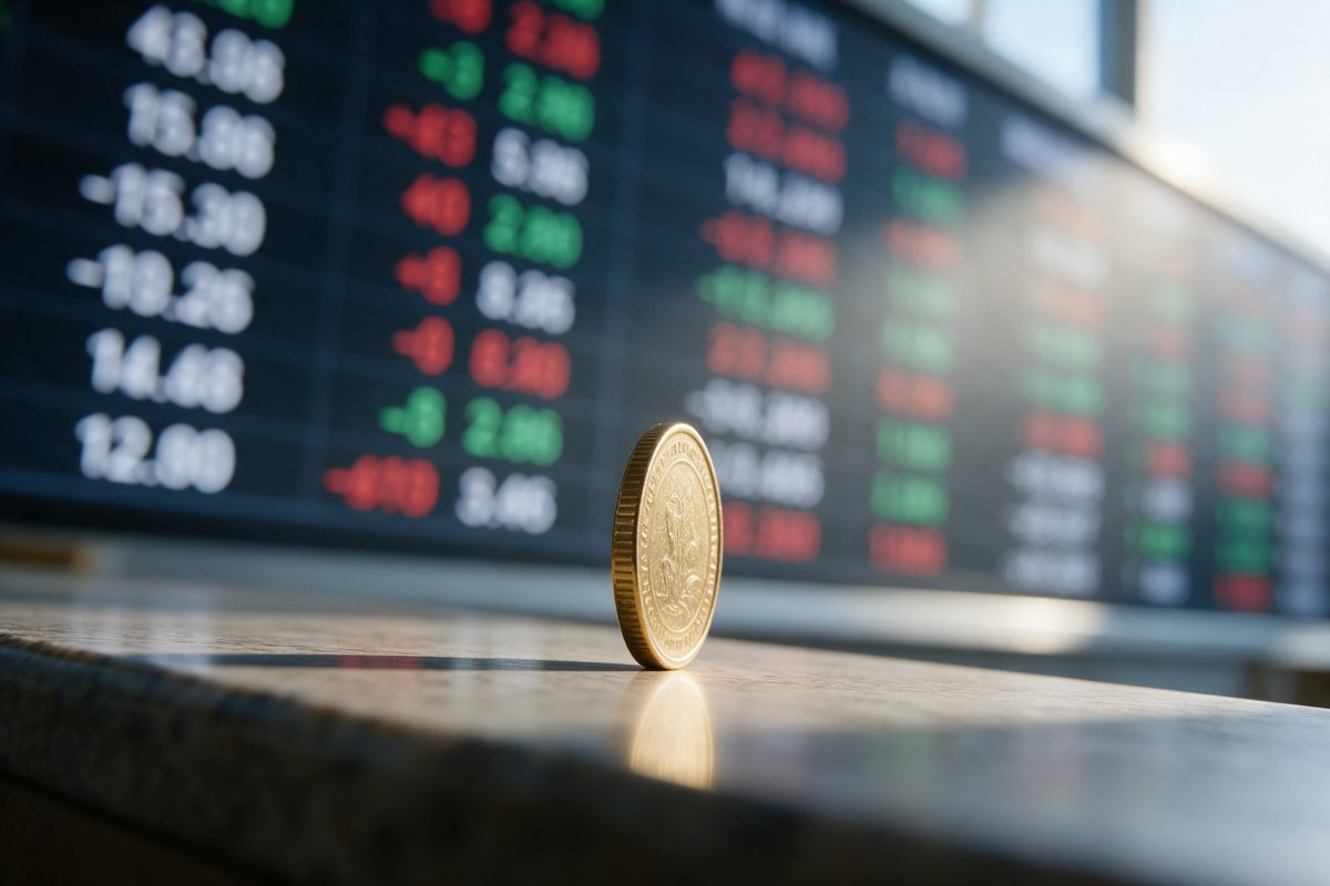 Moneda de oro frente a un panel de cotizaciones de mercado