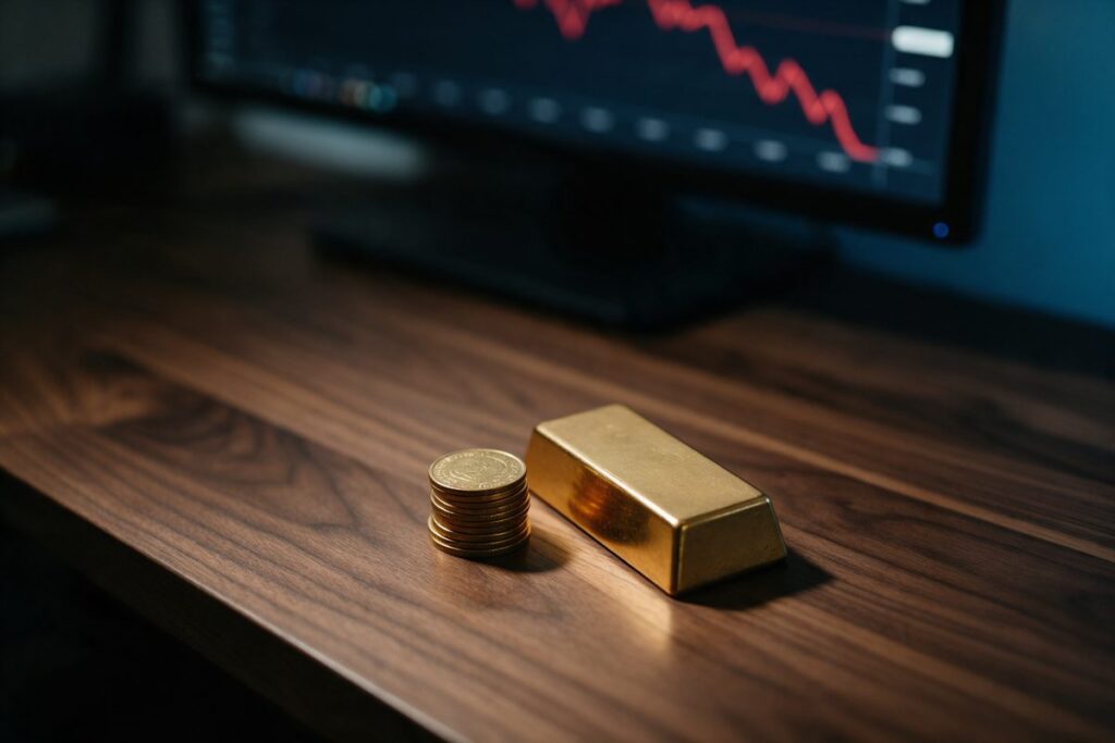 Lingote y monedas de oro ante una pantalla con un grafico de precios a la baja